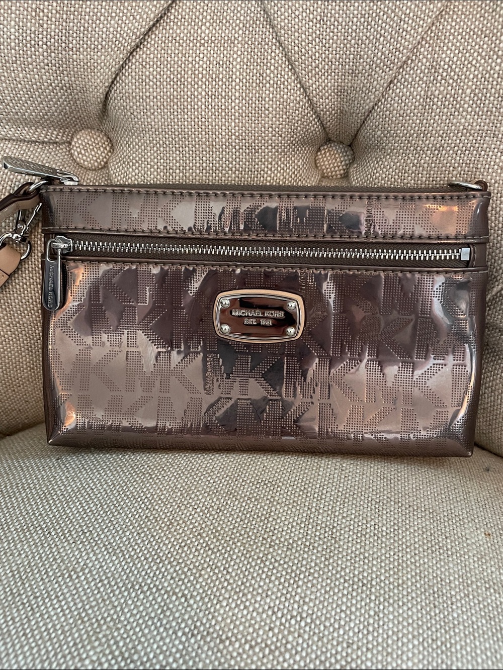 Michael Kors Metallic Bronze Signature Wristlet Clutch